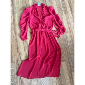 Vintage 80s Cherry Red Deep-V Ruffle Casual Long-Sleeve Dress with Belt